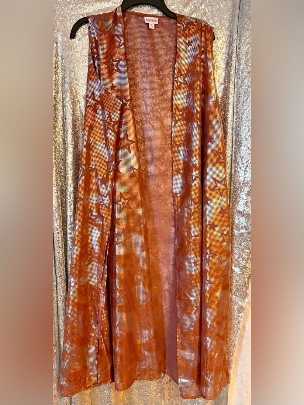 NWOT LuLaRoe Women's Shimmer Star-Print sleeveless kimono in Burnt Orange